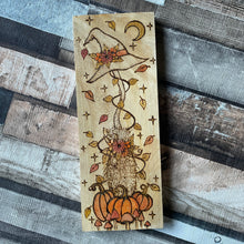 Load image into Gallery viewer, Broomstick, Witch Hat and Pumpkins Pyrography Art | Witch Autumn Altar Decor |Woodburning Witch Gift | Samhain