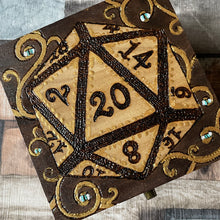 Load image into Gallery viewer, D20 Dice Box, Woodburning | Pyrography | Dungeons and Dragons | Table top games accessories