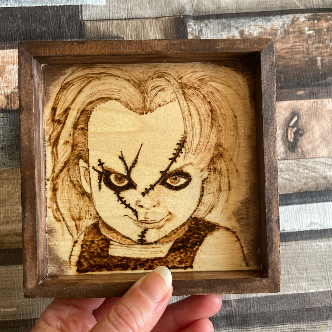 Horror Character Pyrography Art | Hand-Burned Wooden Horror Icons | Woodburning Fan Art