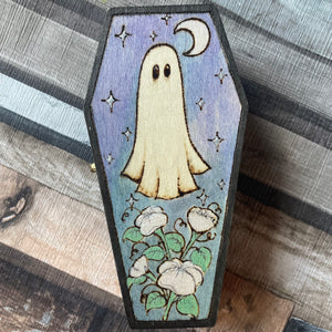 Ghost Coffin Box - Pyrography -Woodburning - Purple