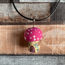 Load image into Gallery viewer, Mushroom Fairy House Necklace | Wooden Handpainted Mushroom Shape in Various Colours