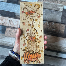 Load image into Gallery viewer, Broomstick, Witch Hat and Pumpkins Pyrography Art | Witch Autumn Altar Decor |Woodburning Witch Gift | Samhain