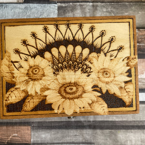 Sunflower Pyrography Wooden Box | Woodburning Jewellery Box