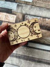 Load image into Gallery viewer, Triple Moon Small Wooden Box | Pyrography | Woodburning | Trinket Box