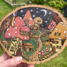 Load image into Gallery viewer, Fae Mushroom Village Pyrography Art, Woodburning