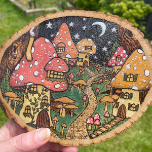 Fae Mushroom Village Pyrography Art, Woodburning