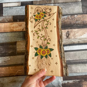 Handmade Woodburned Witch’s Broomstick & Sunflowers | Rustic Pyrography Wall Art | Cottagecore Witch Decor | Magical Botanical Gift