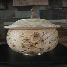 Load image into Gallery viewer, Handturned Wooden Bowl and Lid with Woodburned Cherry Blossom Design, Pyrography Art
