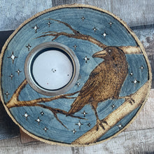 Load image into Gallery viewer, Wooden Tealight holder with Crow Design | Woodburning Candle Holder | Pyrography Art