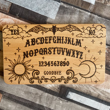Load image into Gallery viewer, Spirit Board Wooden Chopping Board | Pyrography Ouija Design | Mystical Kitchen Decor | Hand-Burned Witchcraft Gift | Gothic Occult Style