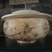 Load image into Gallery viewer, Handturned Wooden Bowl and Lid with Woodburned Cherry Blossom Design, Pyrography Art