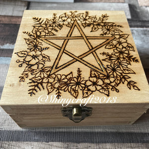 Wooden Box with Pentacle and Wreath Design, Pyrography, Woodburning
