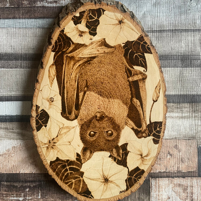 Bat and Moonflower Pyrography Art, Woodburning Art