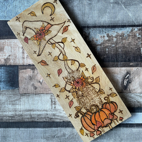 Broomstick, Witch Hat and Pumpkins Pyrography Art | Witch Autumn Altar Decor |Woodburning Witch Gift | Samhain