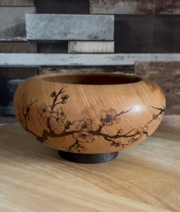 Handmade Cherry Wood Bowl with Cherry Blossom Design