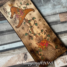 Load image into Gallery viewer, Witches Autumn Broomstick Artwork, Woodburning, Pyrography, Handpainted