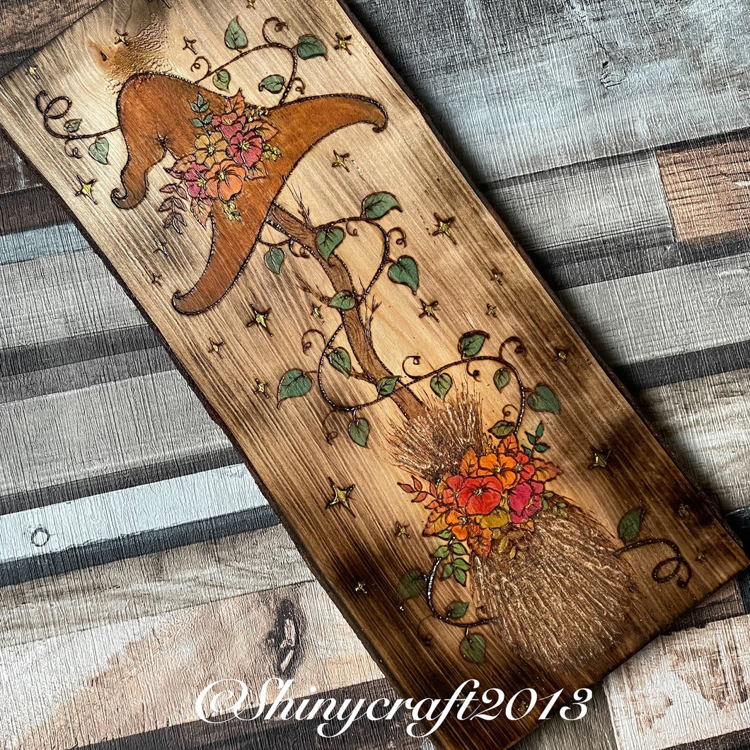 Witches Autumn Broomstick Artwork, Woodburning, Pyrography, Handpainted