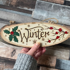 Winter Decoration, Wooden Sign, Pyrography, Woodburning