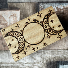 Load image into Gallery viewer, Triple Moon Small Wooden Box | Pyrography | Woodburning | Trinket Box