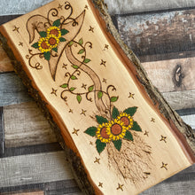 Load image into Gallery viewer, Handmade Woodburned Witch’s Broomstick &amp; Sunflowers | Rustic Pyrography Wall Art | Cottagecore Witch Decor | Magical Botanical Gift