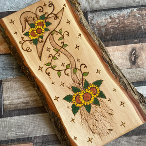 Handmade Woodburned Witch’s Broomstick & Sunflowers | Rustic Pyrography Wall Art | Cottagecore Witch Decor | Magical Botanical Gift