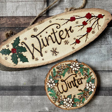 Load image into Gallery viewer, Winter Wood Slice, Woodburning, Pyrography, Wooden Sign