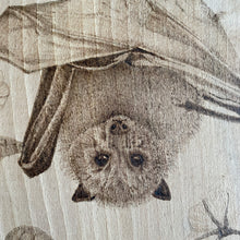 Load image into Gallery viewer, Original Pyrography Artwork ‘Hanging Around’  | Features a Bat, Lunamoths and Moonflowers on Beech wood | Woodburning Art