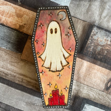 Load image into Gallery viewer, Ghost Wooden Coffin Box | Woodburning Gothic Decor | Pyrography Trinket Box | Halloween Decor