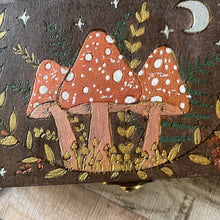 Load image into Gallery viewer, Wooden Box with Mushroom Design - Pyrography - Woodburning - Forest Witch - Cottage Core