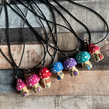 Load image into Gallery viewer, Mushroom Fairy House Necklace | Wooden Handpainted Mushroom Shape in Various Colours
