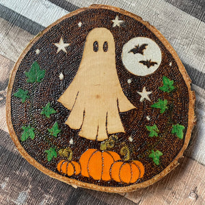 Ghost Pumpkin Patch Woodburning Halloween Decor