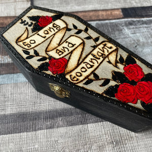 Wooden Coffin Box | So Long and Goodnight | inspired by the My Chemical Romance song Helena | Pyrography Art | Woodburning Gift
