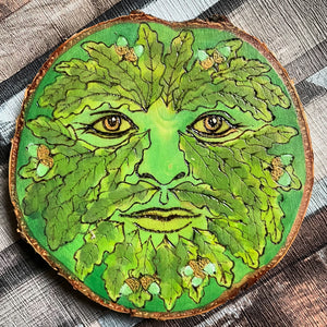 Wooden sign featuring a Green Man Design - Pyrography - Woodburning- Handpainted 