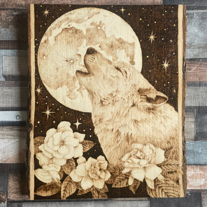 Howling Wolf and Moon Pyrography Art, Woodburning Art