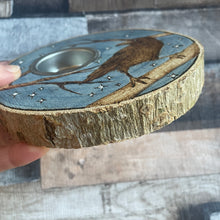 Load image into Gallery viewer, Wooden Tealight holder with Crow Design | Woodburning Candle Holder | Pyrography Art