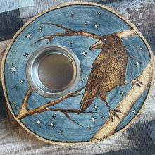 Load image into Gallery viewer, Wooden Tealight holder with Crow Design | Woodburning Candle Holder | Pyrography Art