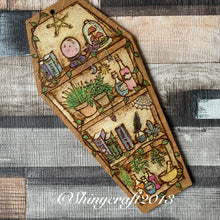 Load image into Gallery viewer, Witch’s Bookshelves Pyrography Art, Woodburning, Coffin Shaped Wood Art