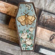 Load image into Gallery viewer, Deaths Head Moth Woodburned Coffin Box | Pyrography Trinket Box | Witch Gift | Handburned Wooden Box