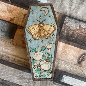 Deaths Head Moth Woodburned Coffin Box | Pyrography Trinket Box | Witch Gift | Handburned Wooden Box