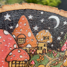 Load image into Gallery viewer, Fae Mushroom Village Pyrography Art, Woodburning