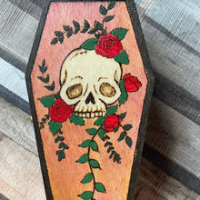 Load image into Gallery viewer, Skull and Flowers Coffin Box - Pyrography - Woodburning