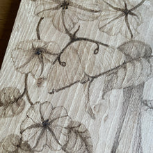 Load image into Gallery viewer, Original Pyrography Artwork ‘Hanging Around’  | Features a Bat, Lunamoths and Moonflowers on Beech wood | Woodburning Art