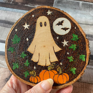 Ghost Pumpkin Patch Woodburning Halloween Decor