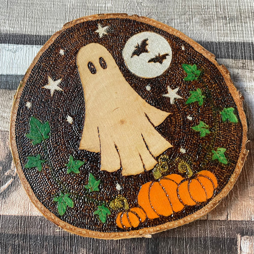 Ghost Pumpkin Patch Woodburning Halloween Decor