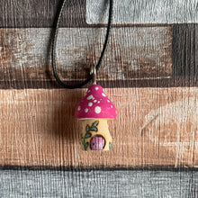 Load image into Gallery viewer, Mushroom Fairy House Necklace | Wooden Handpainted Mushroom Shape in Various Colours