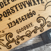 Load image into Gallery viewer, Spirit Board Wooden Chopping Board | Pyrography Ouija Design | Mystical Kitchen Decor | Hand-Burned Witchcraft Gift | Gothic Occult Style