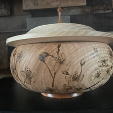 Load image into Gallery viewer, Handturned Wooden Bowl and Lid with Woodburned Cherry Blossom Design, Pyrography Art
