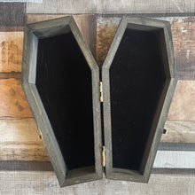 Load image into Gallery viewer, Dead Inside Gothic Wooden Coffin Box | Woodburning Trinket Box | Pyrography Handburned Jewellery Box | Goth Gift