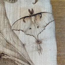 Load image into Gallery viewer, Original Pyrography Artwork ‘Hanging Around’  | Features a Bat, Lunamoths and Moonflowers on Beech wood | Woodburning Art