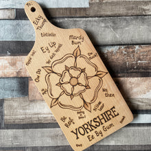 Load image into Gallery viewer, Yorkshire Wooden Chopping Board | Pyrography White Rose | Woodburning Yorkshire Quotes | Yorkshire Slang